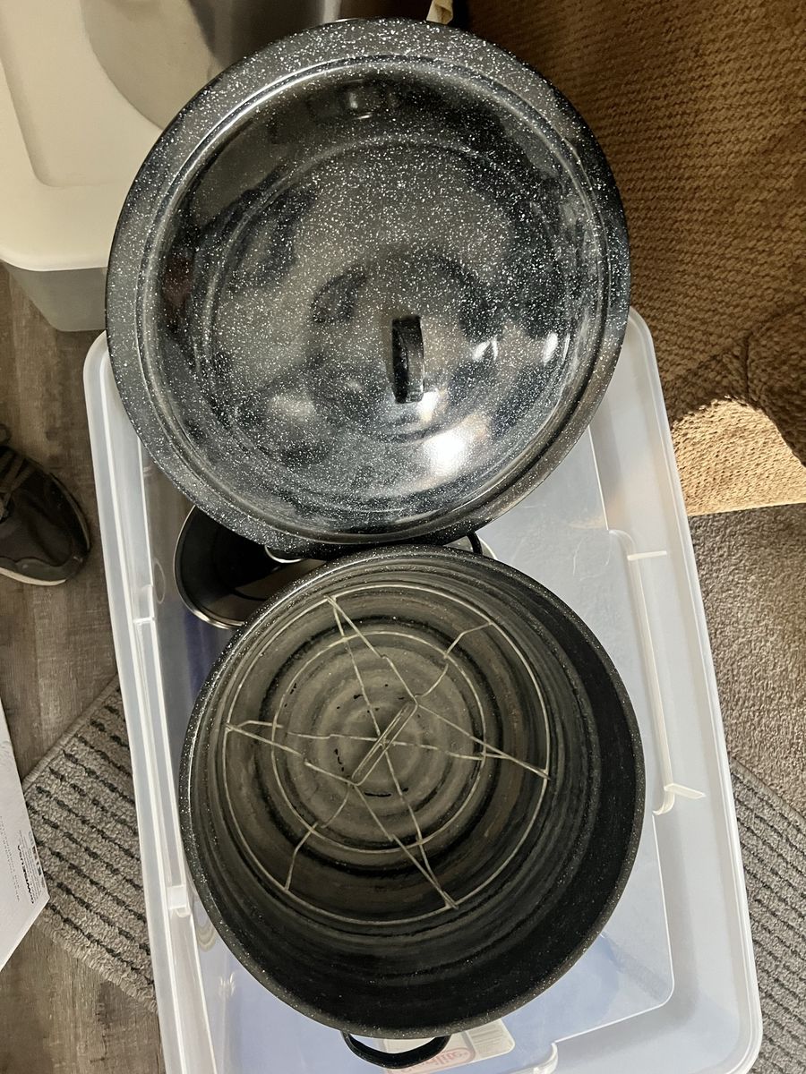Large Black Speckled Canning Pot with Lid and Rack - Ideal for Home Canning