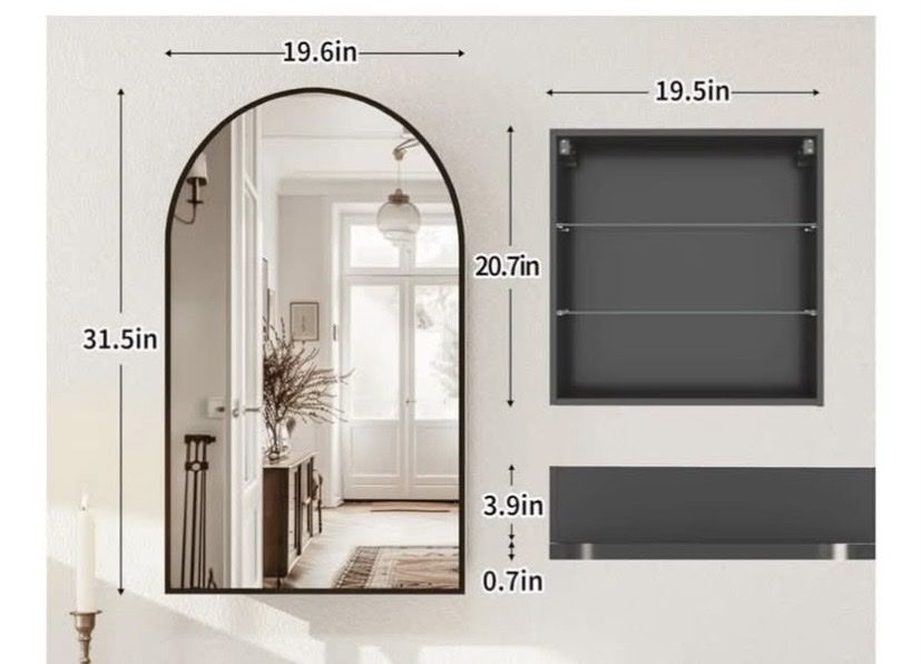 20x30in Matt Black Arched Mirrored Medicine Cabinet - Surface/Recessed Mount, Soft Close