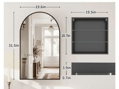 20x30in Matt Black Arched Mirrored Medicine Cabinet - Surface/Recessed Mount, Soft Close