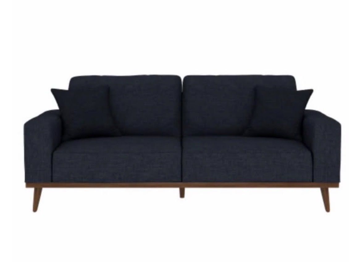 Modern Navy Blue Fabric Sofa with Mid-Century Style Wood Base & Legs - Includes 2 Pillows