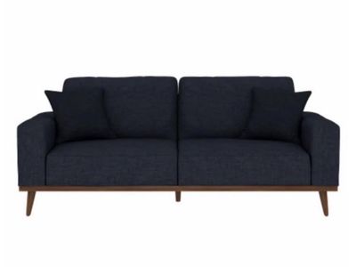 Modern Navy Blue Fabric Sofa with Mid-Century Style Wood Base & Legs - Includes 2 Pillows