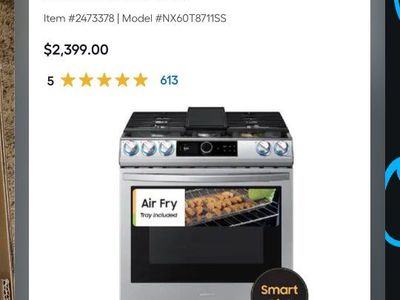 Gas range 30"
Samsung natural gas.
Only 5 yr old!