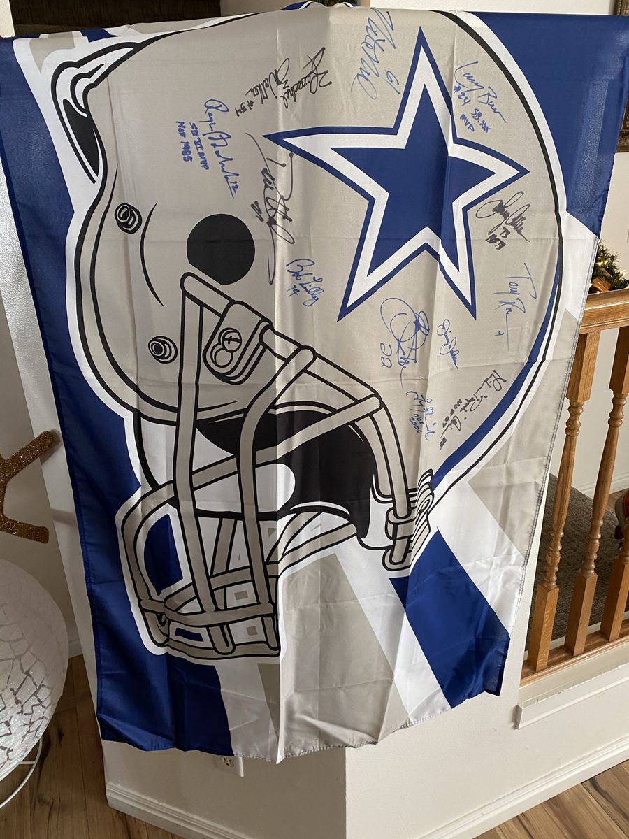 Hand Signed Dallas Cowboys Autographed Multi-Signed Helmet Graphic Banner Flag 3 feet x 5 feet Long w/12 Signatures & COA. 