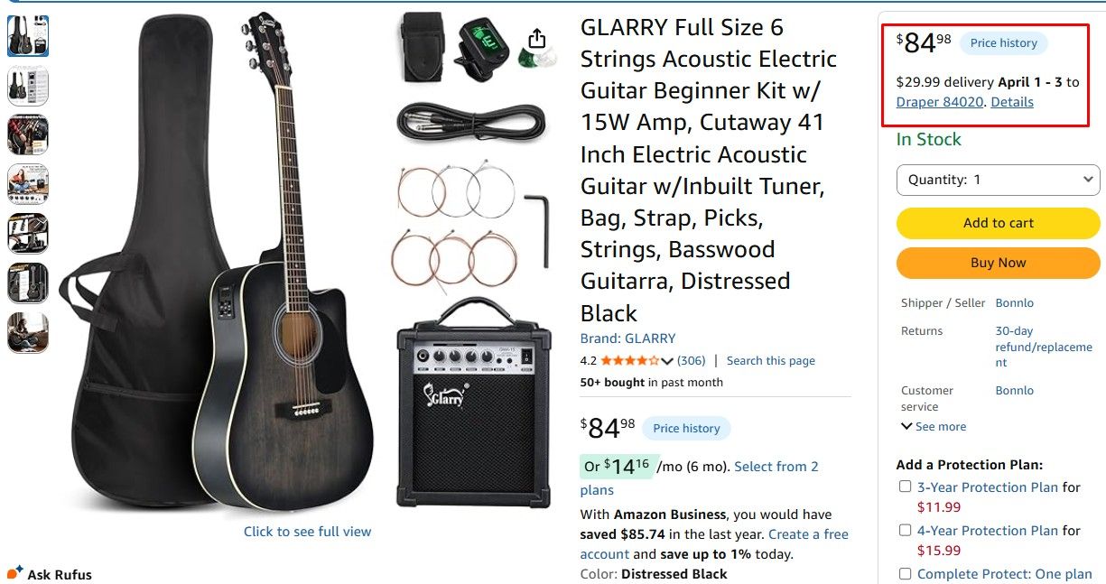 Brand New GLARRY Full Size 6 Strings Acoustic Electric Guitar w/Amp