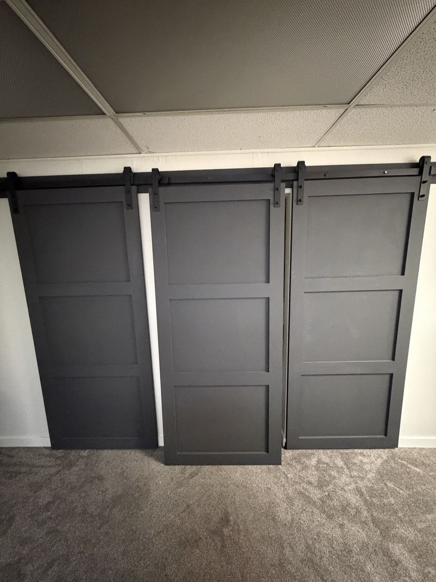 Custom Dark Gray/Black Barn Doors with Black Sliding Hardware - 3 Total Doors
