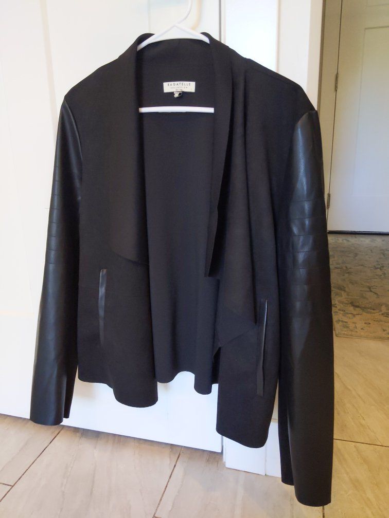 Bagatelle New York Black Faux Leather & suede Sleeve Open Front Blazer Jacket Women's XL