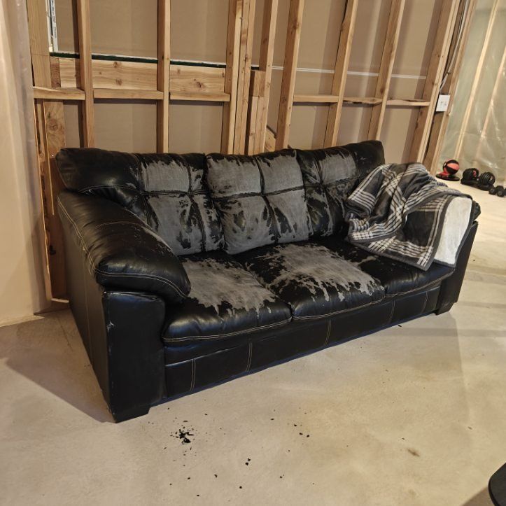 Free Couch -Black Faux Leather Three-Seater Couch - Worn Condition