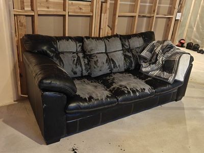 Free Couch -Black Faux Leather Three-Seater Couch - Worn Condition