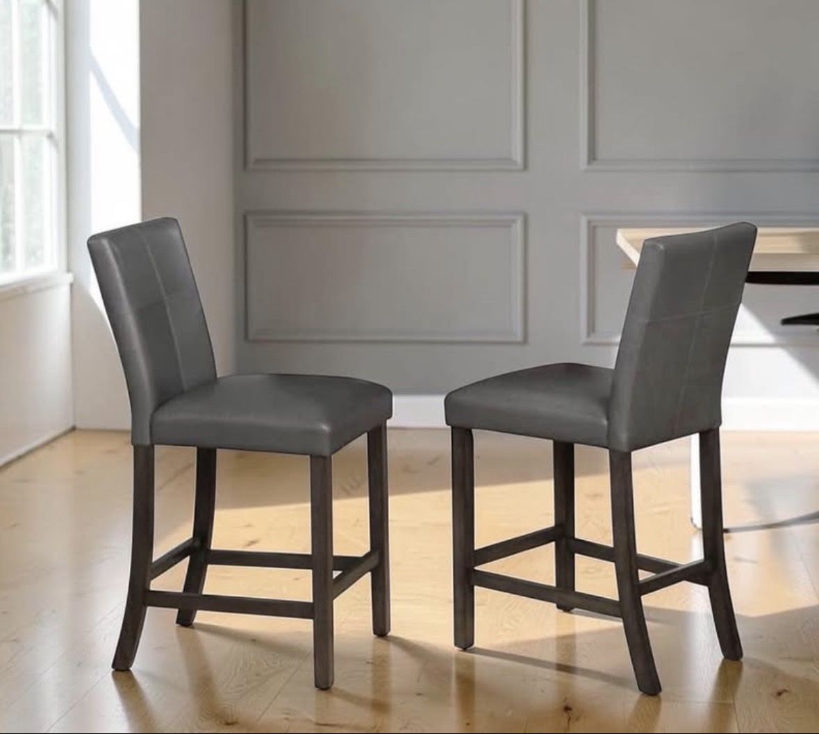 Set of Two Faux Leather Counter Height Bar Stools with Dark Wood Legs