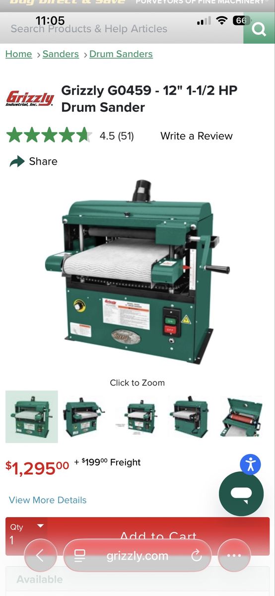 Grizzly G0459 12" 1-1/2 HP Drum Sander