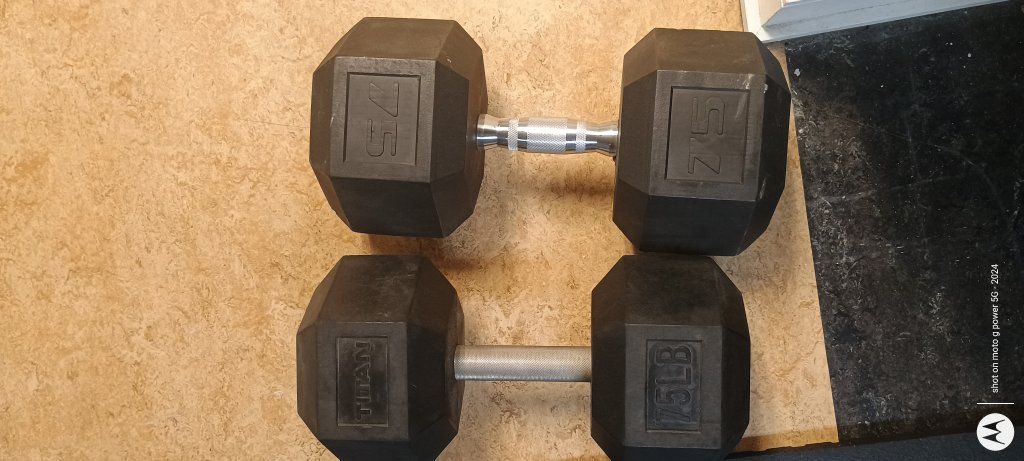 pair of 75lb rubber hex dumbbells