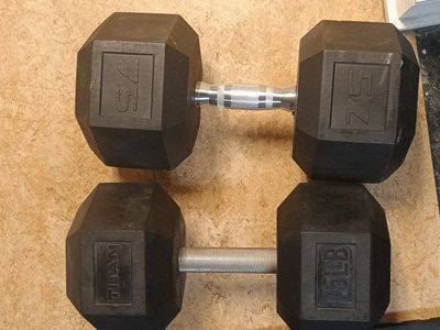 pair of 75lb rubber hex dumbbells