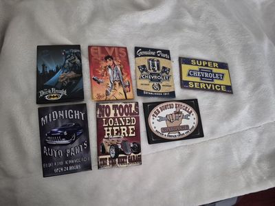 Assorted magnet Metal Signs - Batman, Elvis, Chevrolet, Garage Decor - Set of 7