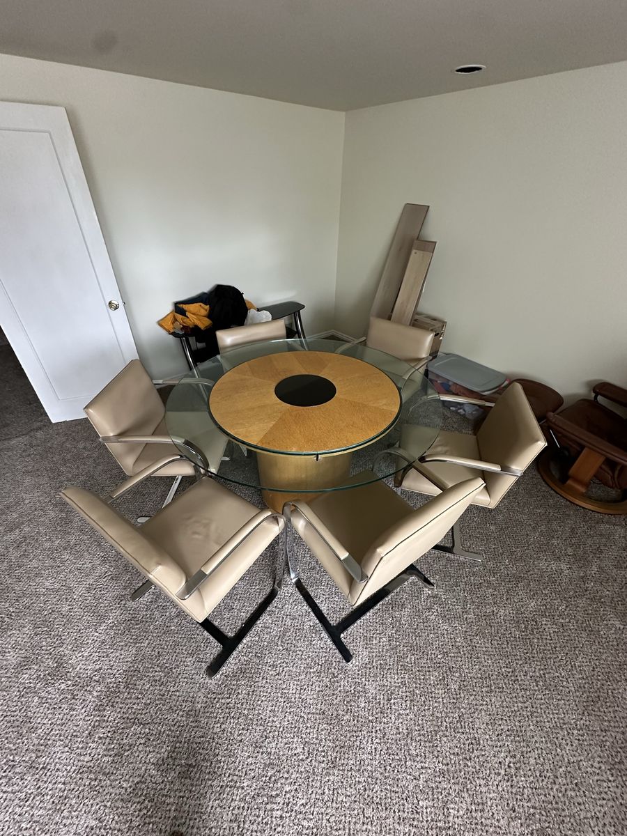 Vintage Mid-Century Modern Round Glass Top Dining Table & 6 Beige Leather Chairs -HAS TO GO ASAP
