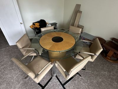 Vintage Mid-Century Modern Round Glass Top Dining Table & 6 Beige Leather Chairs -HAS TO GO ASAP