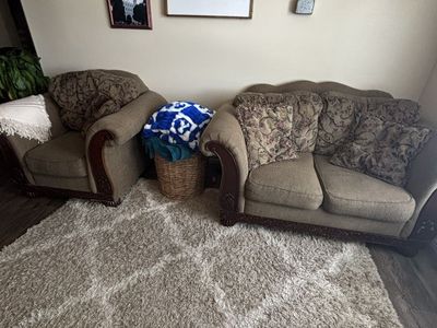 Victorian Style Loveseat and Armchair Set - Ornate Wood Trim, Floral Pillows