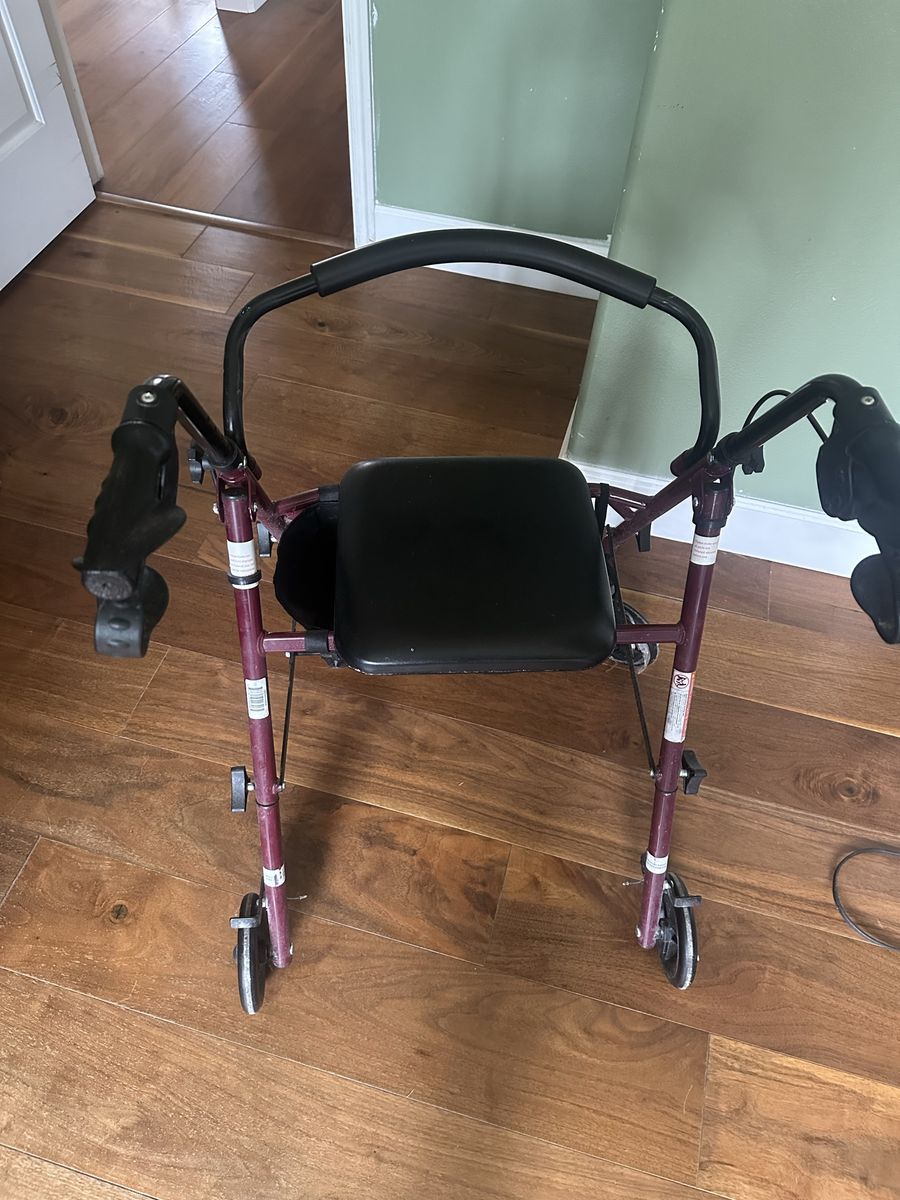 Burgundy Rolling Walker with Padded Seat and Handbrakes