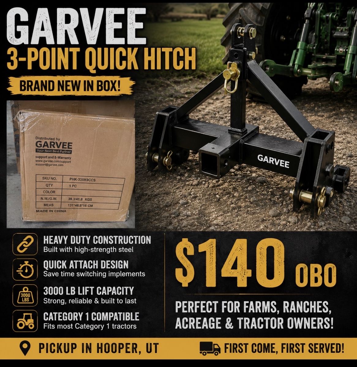 GARVEE PHK-33XK9CCS 3-Point Quick Hitch - 3000lb Lift, Category 1 Compatible, New In Box