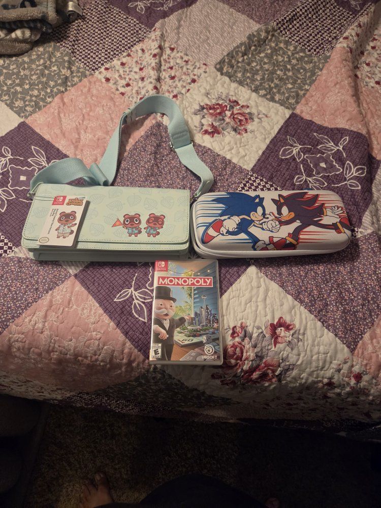 Nintendo Switch Accessories Bundle: Animal Crossing Bag, Sonic Case & Monopoly Game