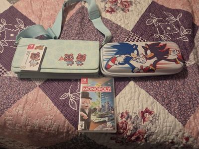 Nintendo Switch Accessories Bundle: Animal Crossing Bag, Sonic Case & Monopoly Game