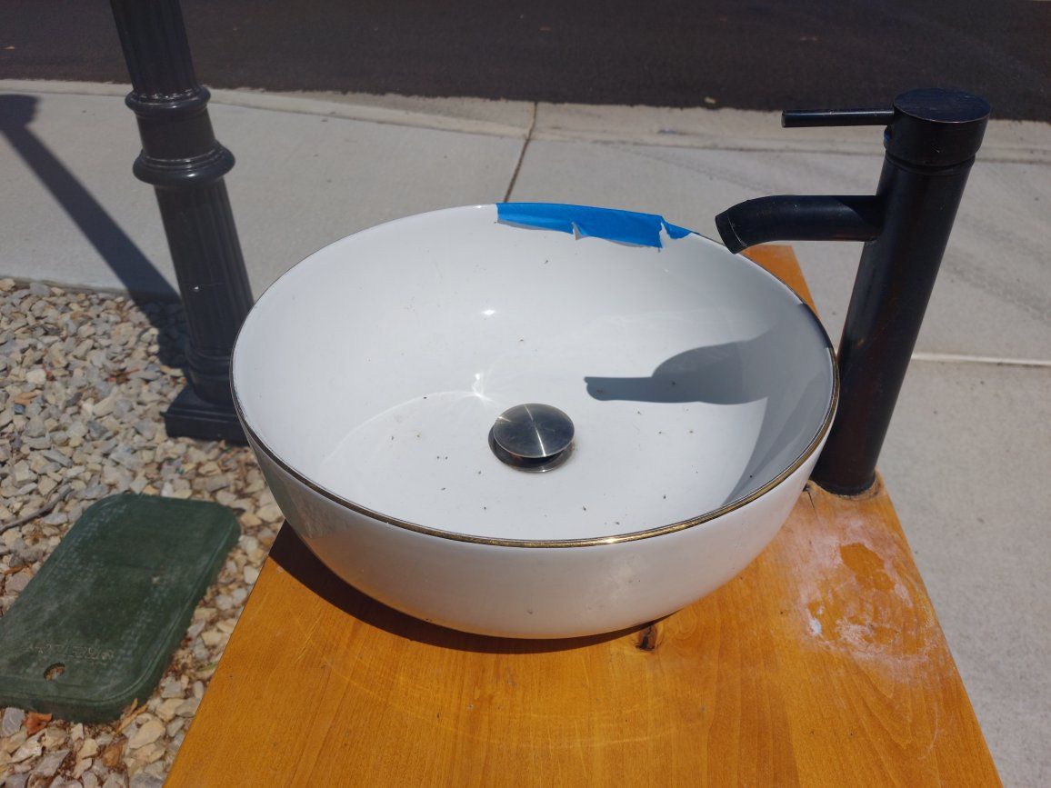 White Ceramic Vessel Sink with Gold Trim and Black Faucet - Modern Bathroom Fixture 16 inch diameter