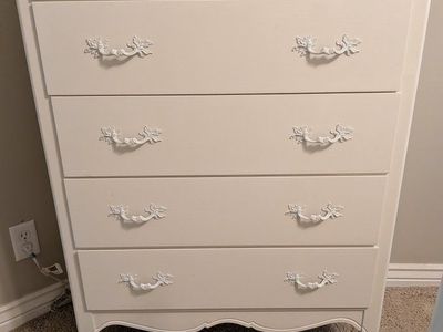 Elegant French Provincial Tallboy Dresser - 5-Drawer Chest, Off-White, Ornate Hardware