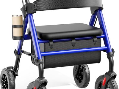 NEW Walkers for Seniors with Seat, Foldable Rollator Walker, Reinforced Aluminum Frame, 8" Big Rubber Wheels for All Terrain