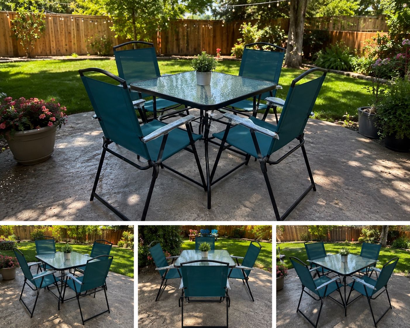 Outdoor Patio Dining Set - 5-Piece including Glass Top Table and teal Mesh Folding Chairs