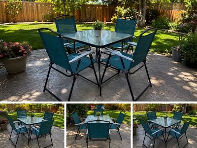 Outdoor Patio Dining Set - 5-Piece including Glass Top Table and teal Mesh Folding Chairs