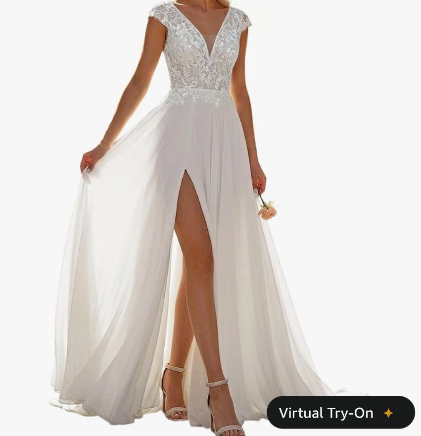 White Lace Top A-Line Wedding Dress with High Slit and Cap Sleeves size 2