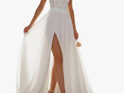 White Lace Top A-Line Wedding Dress with High Slit and Cap Sleeves size 2