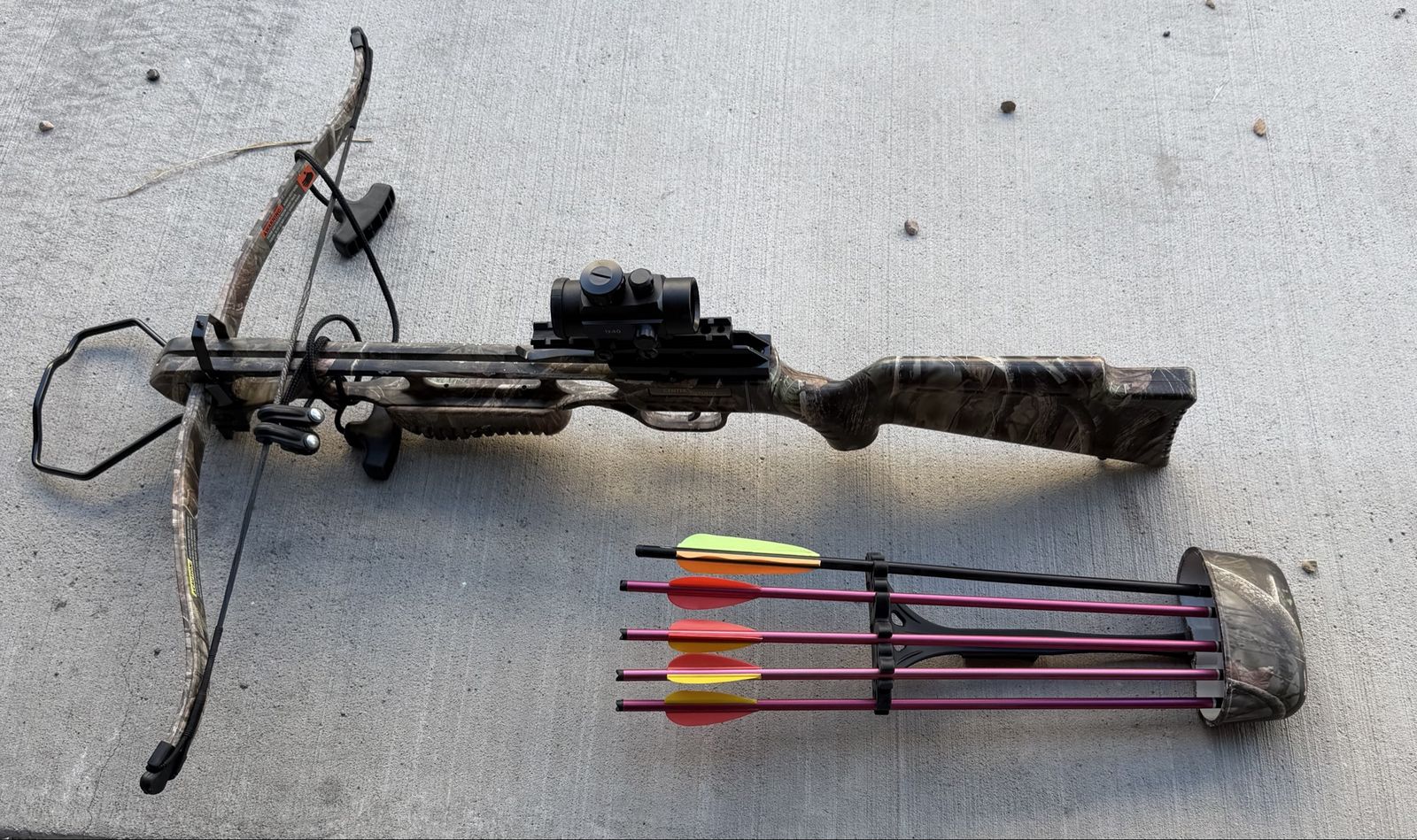 Center Point Hunting Crossbow, Camo, w/ Red Dot Sight, Quiver, Bolts & Rope Cocking Device