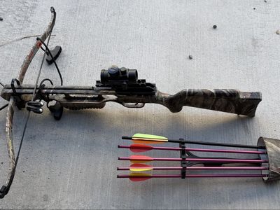 Center Point Hunting Crossbow, Camo, w/ Red Dot Sight, Quiver, Bolts & Rope Cocking Device
