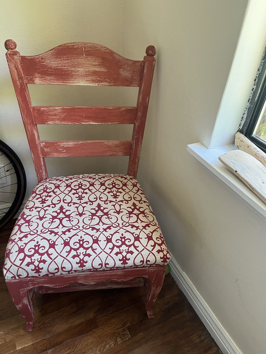 Rusted Painted Red Wooden Chair with Red & Cream Patterned Upholstered Seat
