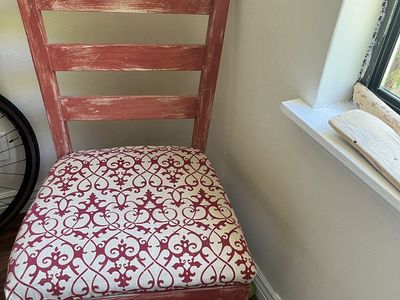 Rusted Painted Red Wooden Chair with Red & Cream Patterned Upholstered Seat