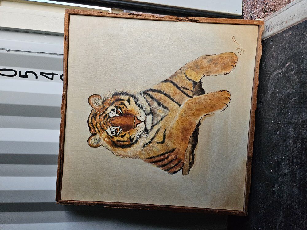 4'x4' Tiger Oil Painting with Rustic Wooden Frame
