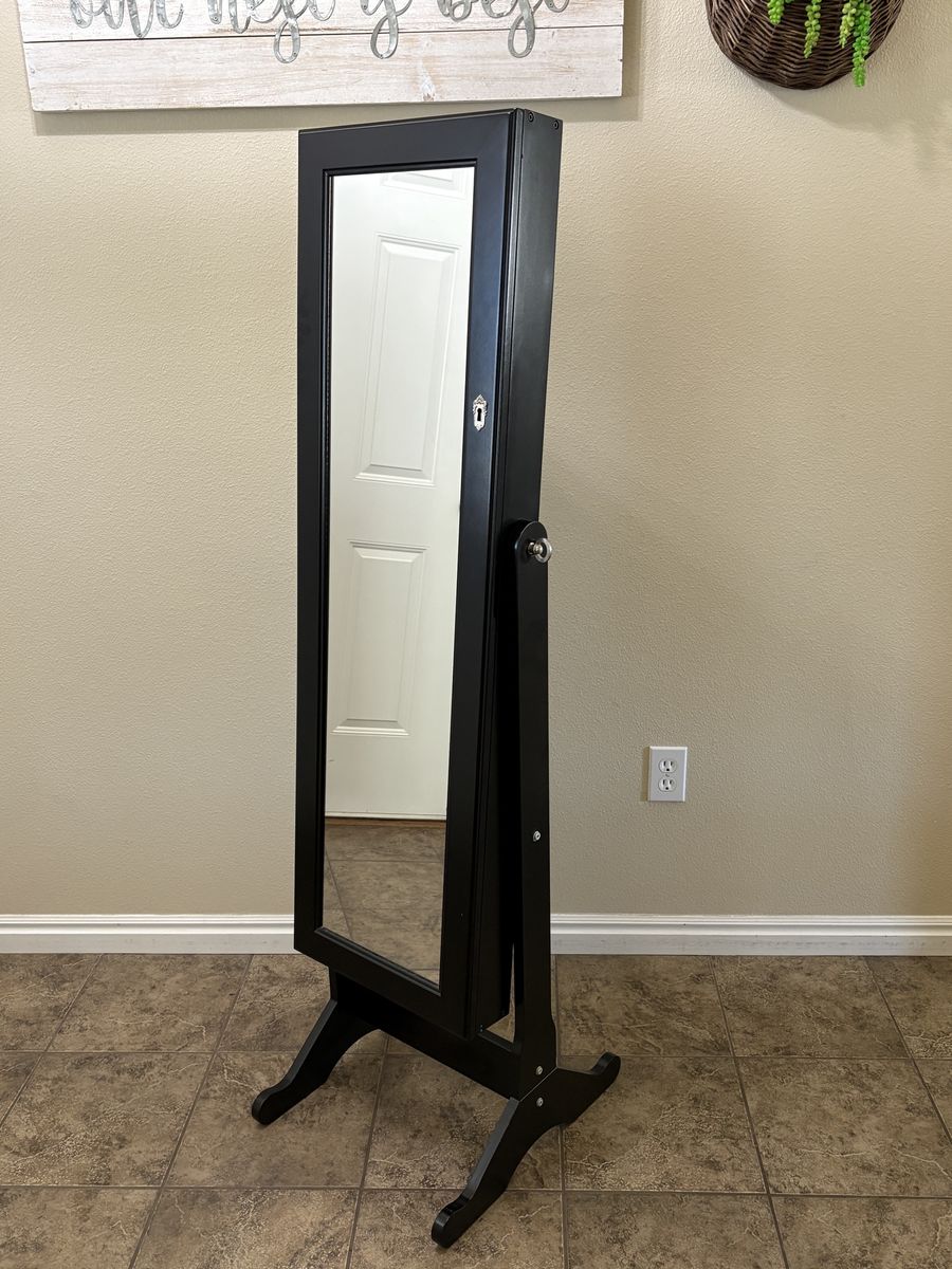 Black Standing Jewelry Armoire with Full-Length Mirror and Storage