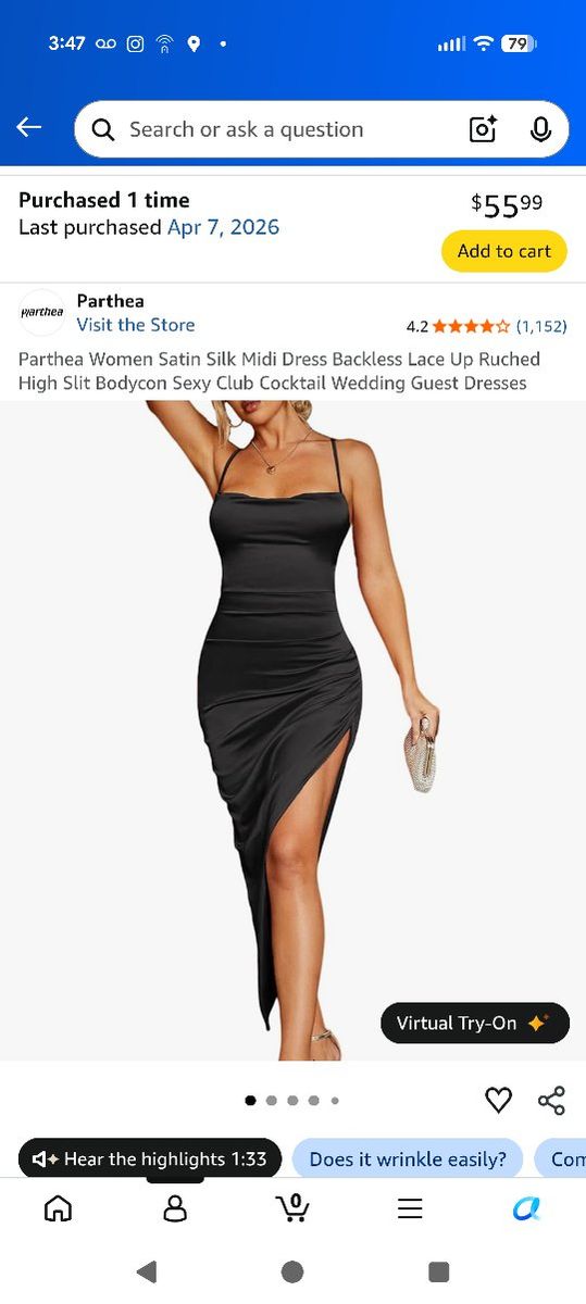 Parthea Women's Black Satin Silk Midi Dress - Backless, Lace-Up, Ruched, High Slit Bodycon, XS/S