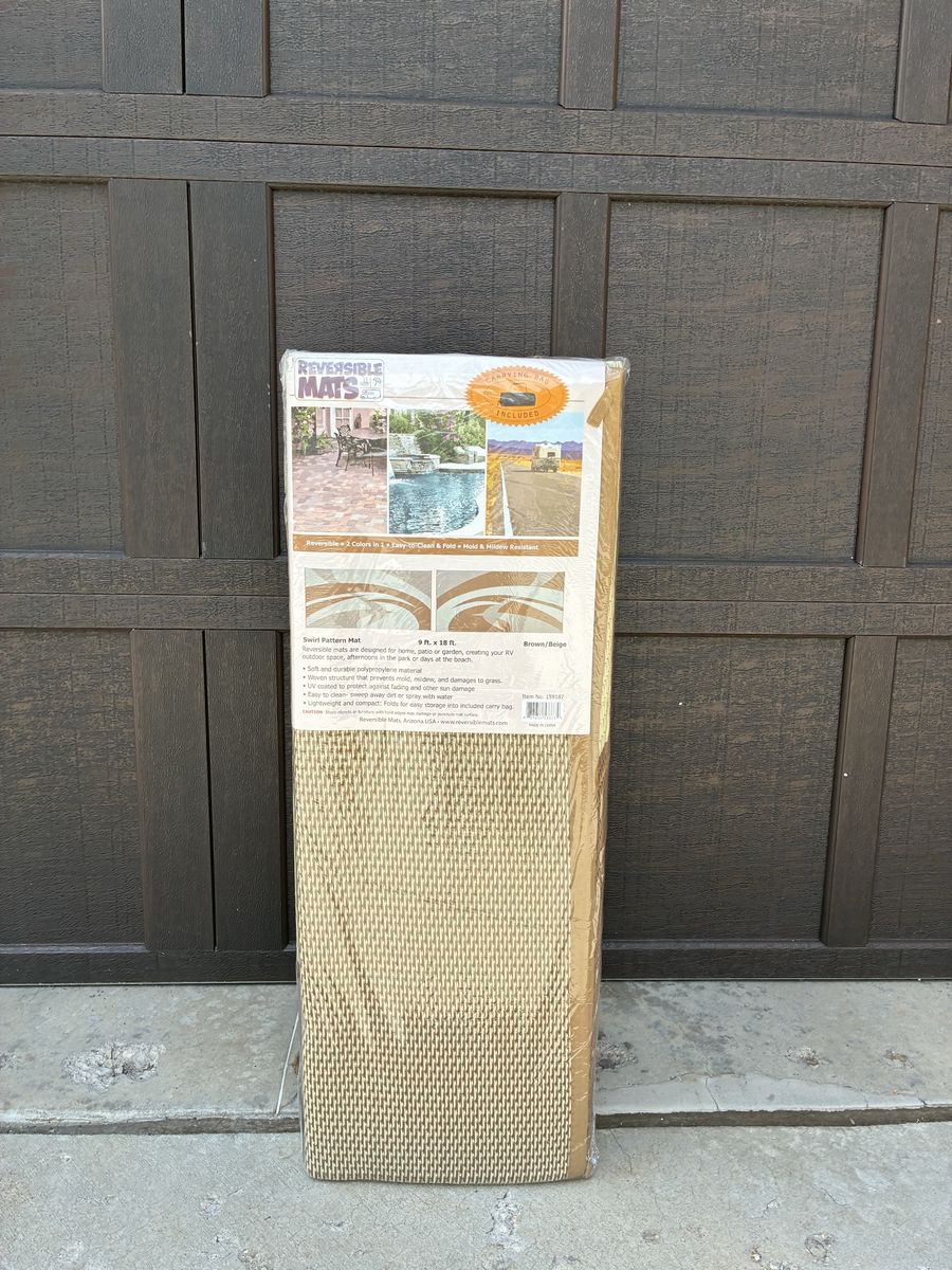 Reversible RV/Patio Mat, 9 ft x 18 ft, Swirl Pattern Brown/Beige, New unopened