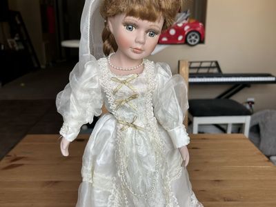 Vintage Porcelain Bride Doll in White Lace Dress with Veil and Headpiece