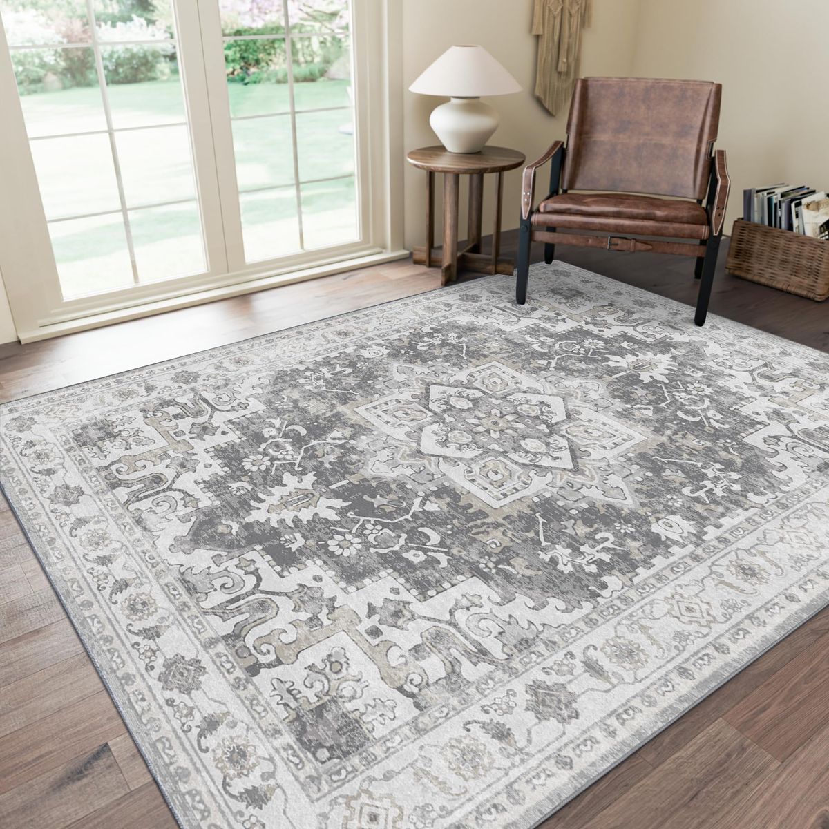 NEW 5x7 Area Rug, Machine Washable, Vintage Indoor Rug, Low Pile Lightweight Chenille Neutral