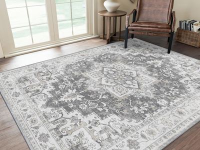 NEW 5x7 Area Rug, Machine Washable, Vintage Indoor Rug, Low Pile Lightweight Chenille Neutral