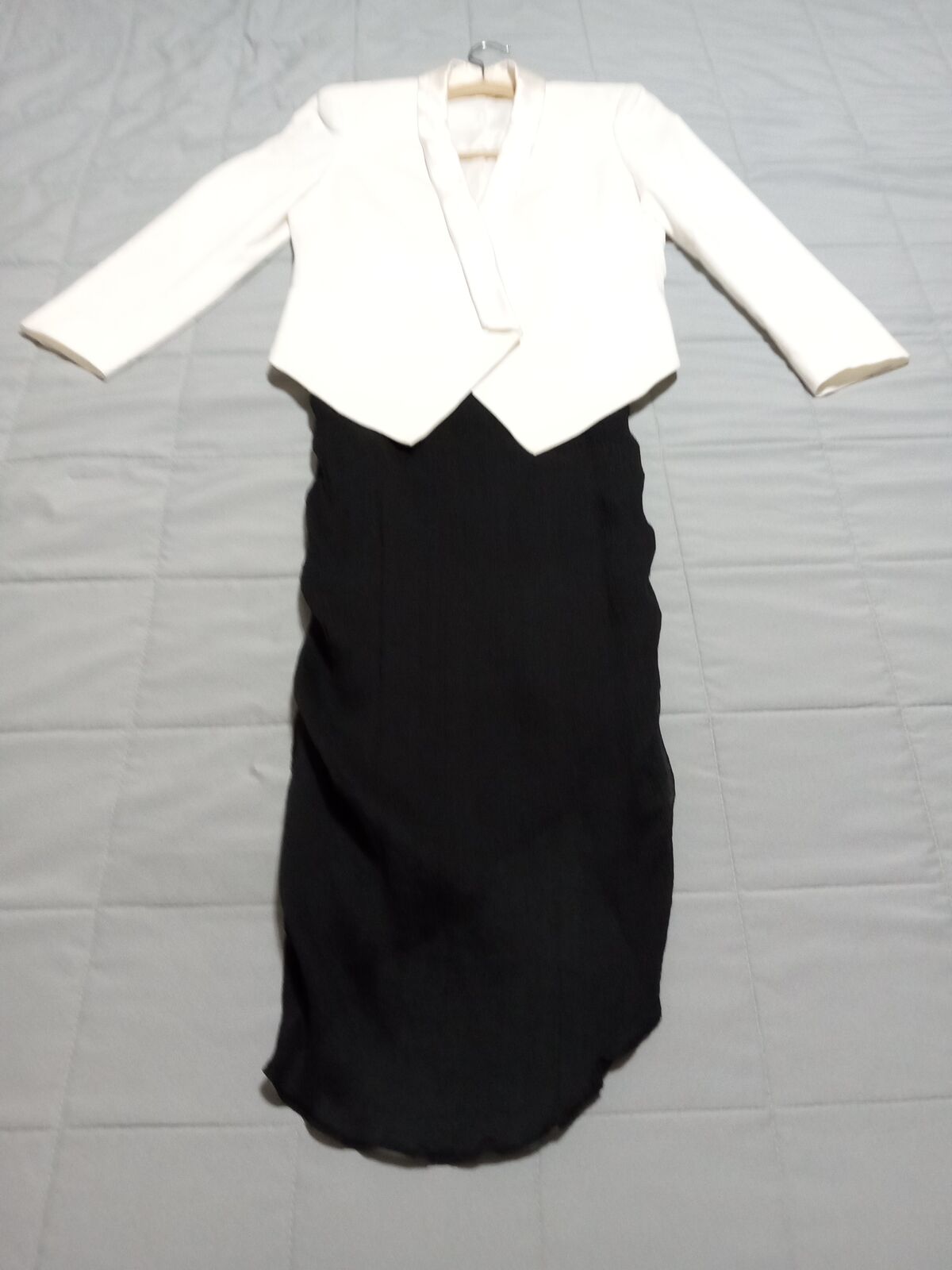 Homecoming Formal black tie dress Little black silk crimped chiffon Helmut Lang cotton crop tuxedo jacket modesty silk lapel