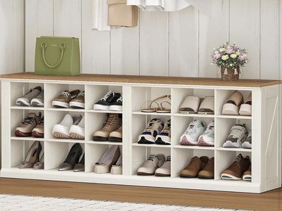 Farmhouse Shoe Storage Bench, Entryway Shoe Cubby Bench, Widened Wooden Shoes Cubbies