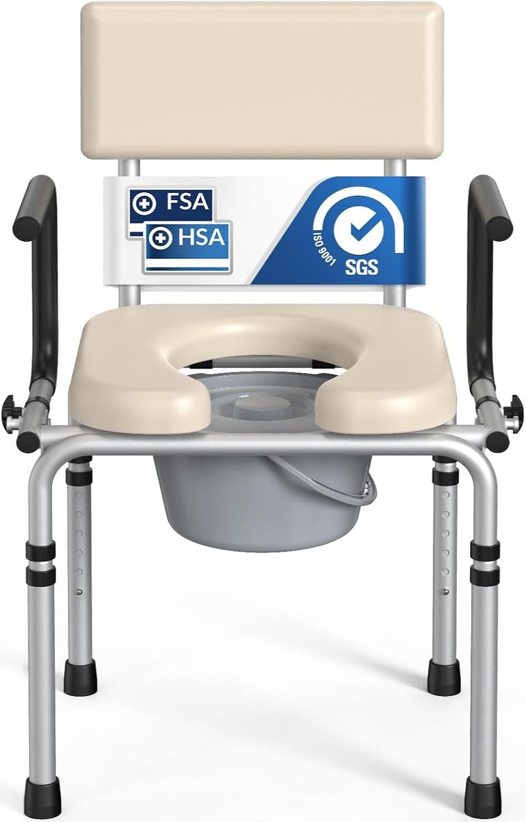 HolyHeal Drop Arm Bedside Commode, Commode Toilet with Padded Seat and Backrest