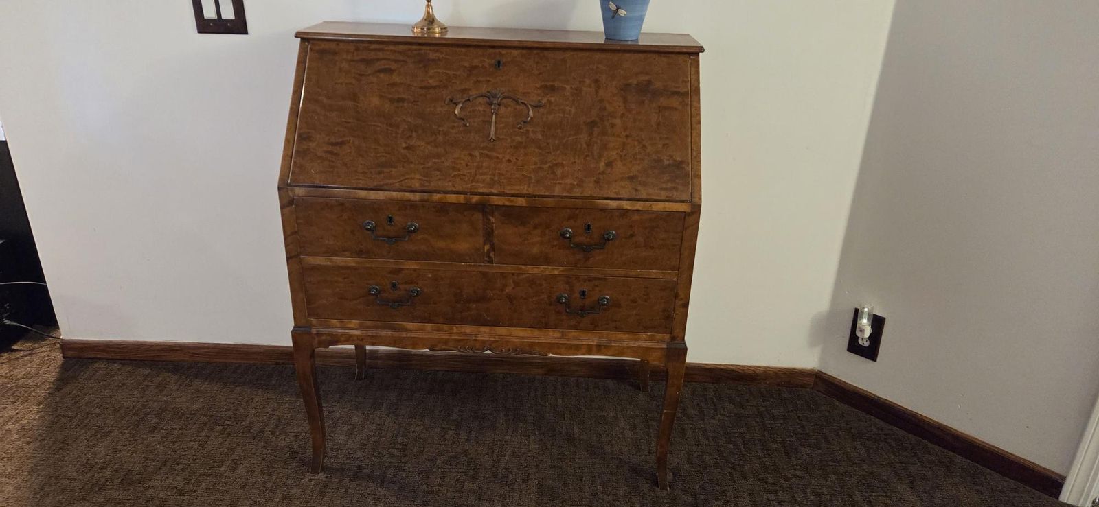 Vintage burl wood veneer drop front secretary desk