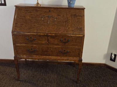 Vintage burl wood veneer drop front secretary desk