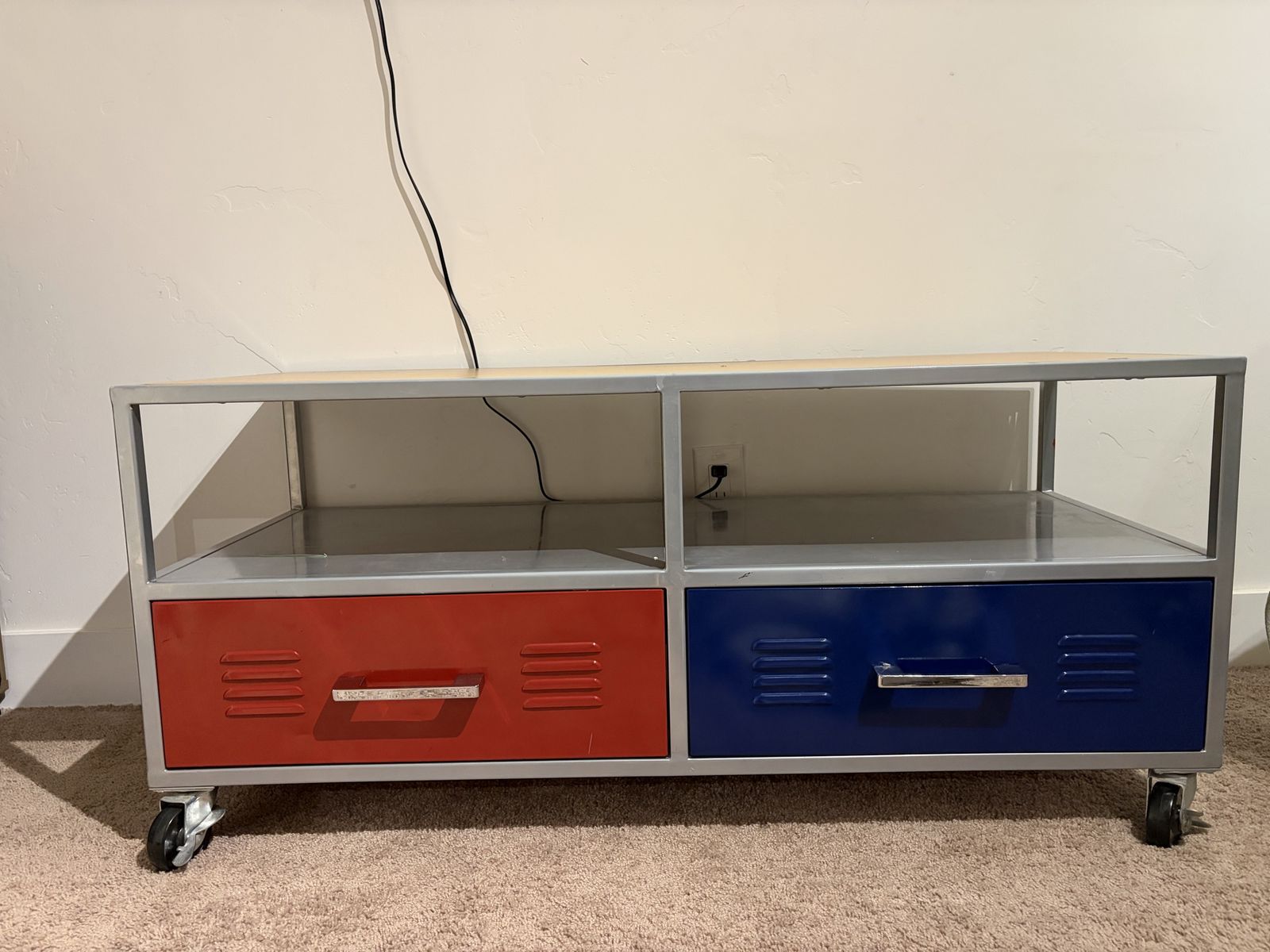 Red & Blue Industrial Style Media Console TV Stand with Storage Drawers & Casters