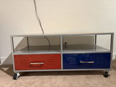 Red & Blue Industrial Style Media Console TV Stand with Storage Drawers & Casters