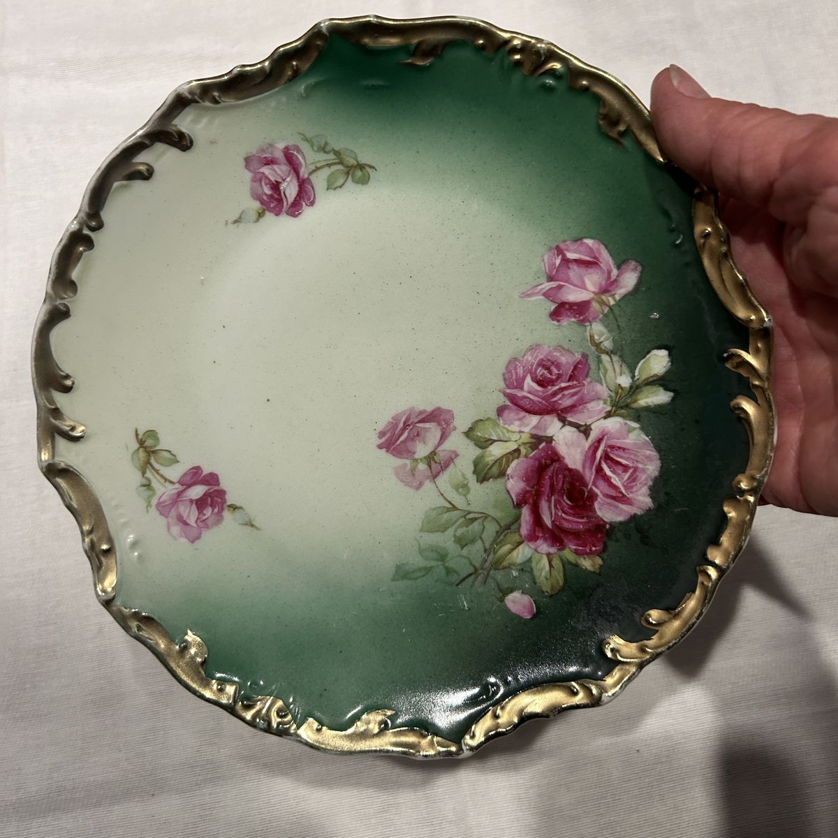 Germany Saxe Altenburg 8" PLATE Pink Rose on Green & Gold Rim Vintage /Antique